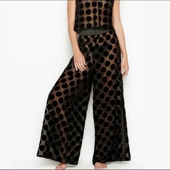 Victoria’s Secret Velvet Polka dots Mesh Wide Leg Pants Black Large - Picture 1 of 4
